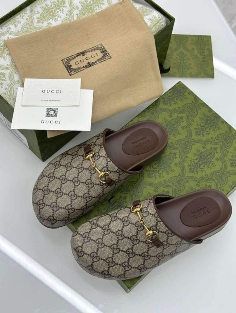 Gucci Beige Brown GG Canvas Horsebit Backless Mules